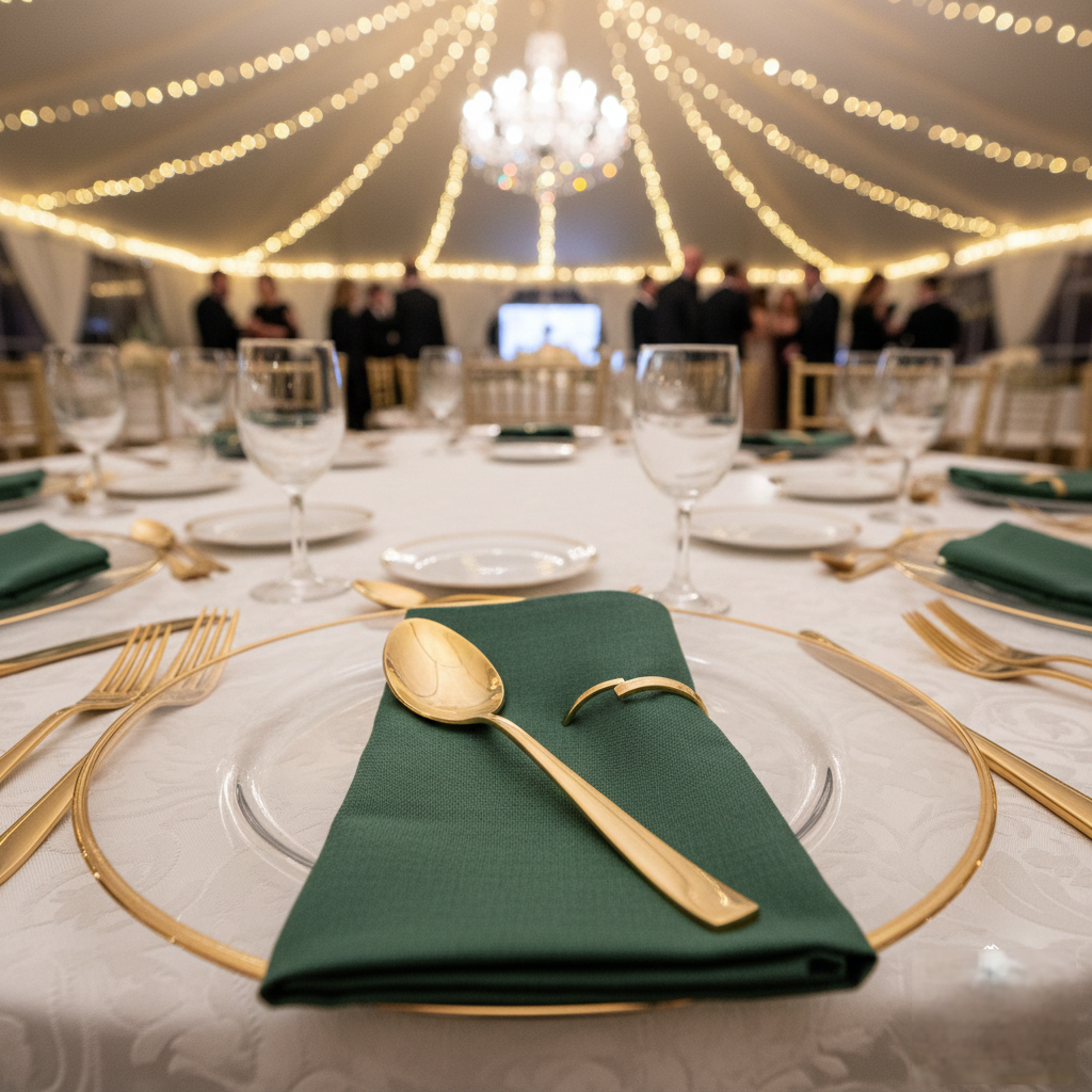 Set tacâmuri aurii de lux PIM MOOD, veselă gold pentru evenimente premium, închiriere tacâmuri aurite nunți